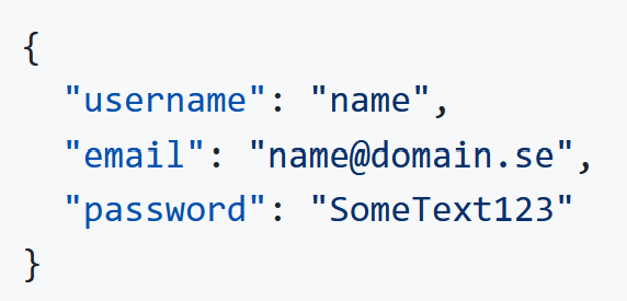Example JSON request body with username, email, and password.
